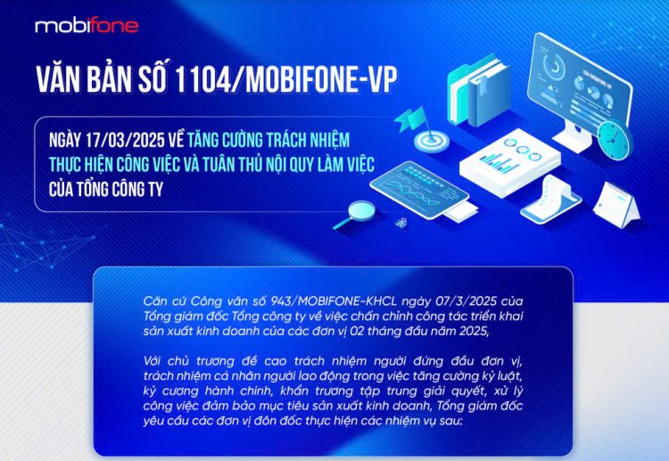 Văn bản số 1104/MOBIFONE-VP ngày 17/03/2025 về tăng cường trách nhiệm thực hiện công việc và tuân thủ nội quy làm việc của Tổng công ty